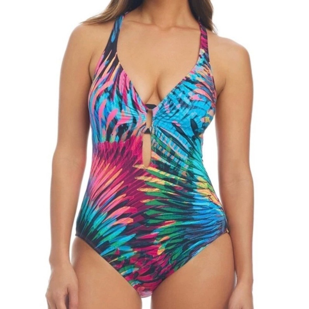 Bleu Rod Beattie Tropical Feather‎ One Piece Swimsuit Multicolor Women Sz 12 New
